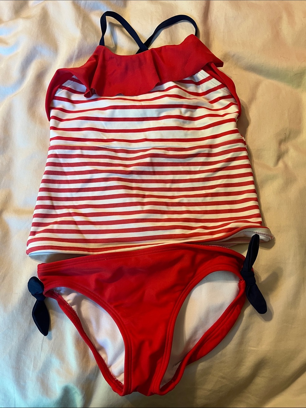 Lands' End Red & White Striped Tankini with Navy Accents